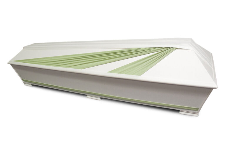 Valkoinen kangaspintainen arkku, jonka kannessa on limen vihreät säteet