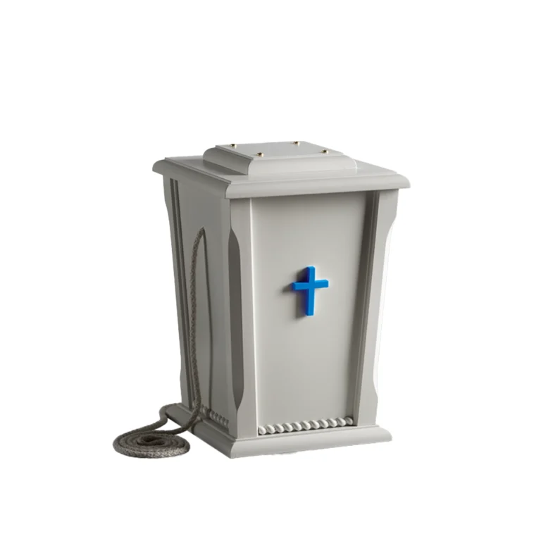 Valkoinen uurna jonka päällä on risti ja kyljessä on sininen risti